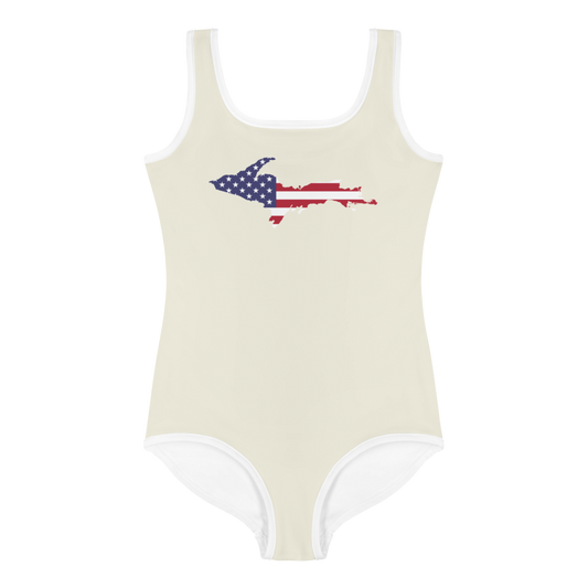 Michigan Upper Peninsula Toddler Swimsuit (w/ UP USA Flag) | Ivory White