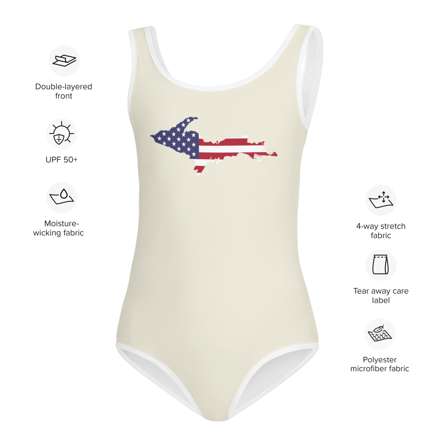 Michigan Upper Peninsula Toddler Swimsuit (w/ UP USA Flag) | Ivory White