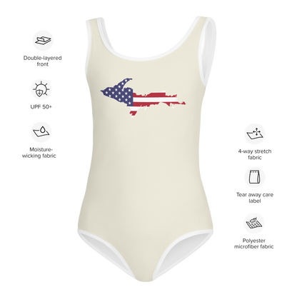 Michigan Upper Peninsula Toddler Swimsuit (w/ UP USA Flag) | Ivory White