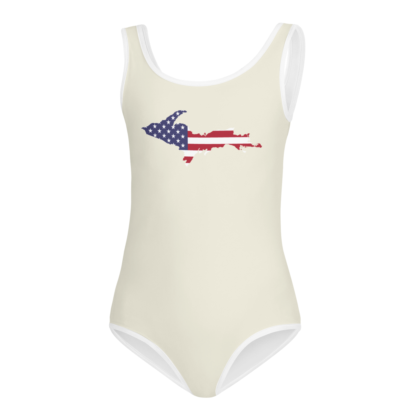 Michigan Upper Peninsula Toddler Swimsuit (w/ UP USA Flag) | Ivory White