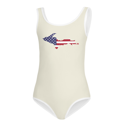 Michigan Upper Peninsula Toddler Swimsuit (w/ UP USA Flag) | Ivory White