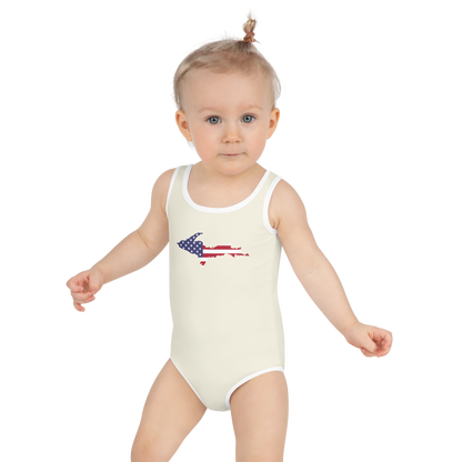 Michigan Upper Peninsula Toddler Swimsuit (w/ UP USA Flag) | Ivory White