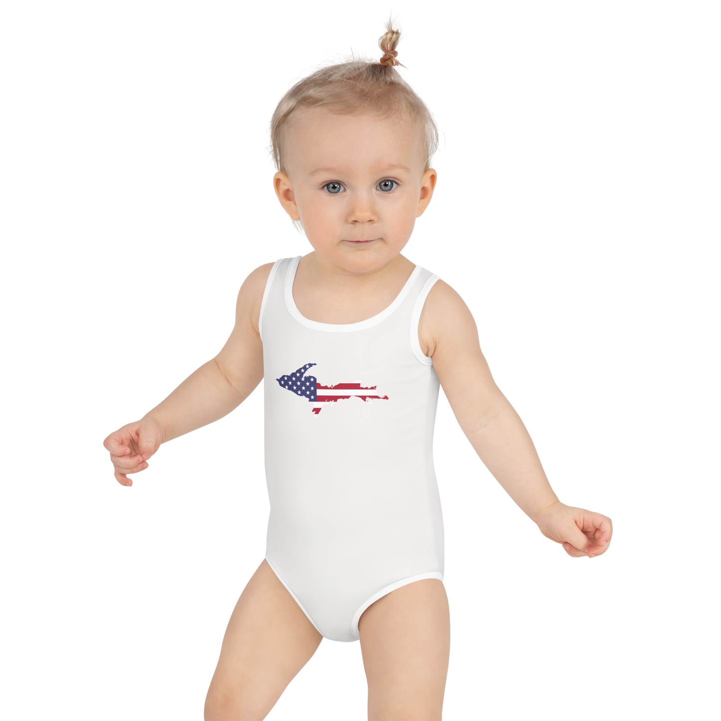 Michigan Upper Peninsula Toddler Swimsuit (w/ UP USA Flag) | Birch Bark White