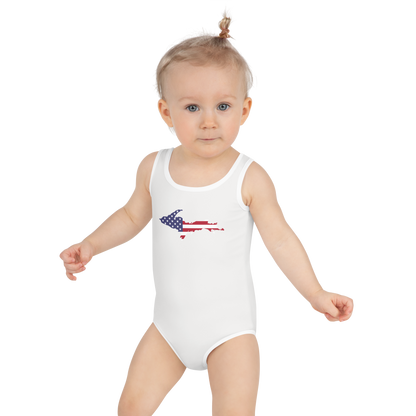 Michigan Upper Peninsula Toddler Swimsuit (w/ UP USA Flag) | Birch Bark White