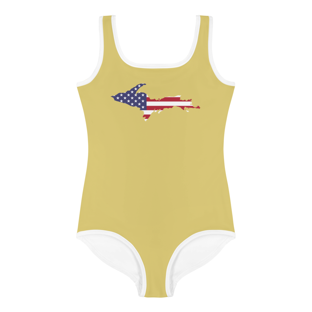 Michigan Upper Peninsula Toddler Swimsuit (w/ UP USA Flag) | Plum Yellow