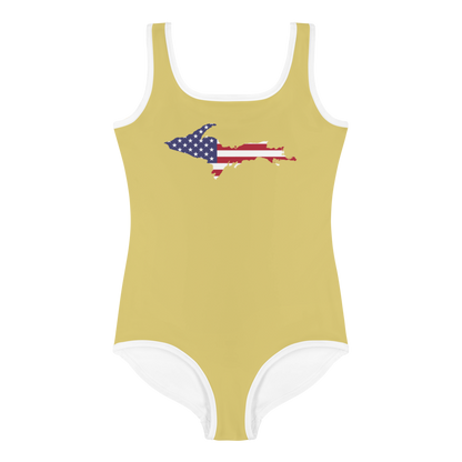 Michigan Upper Peninsula Toddler Swimsuit (w/ UP USA Flag) | Plum Yellow