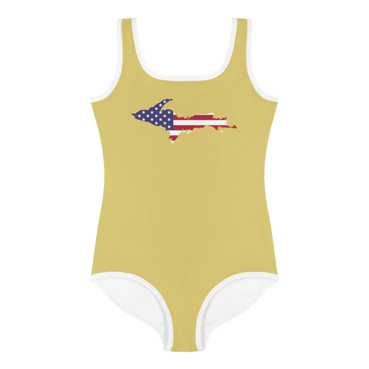 Michigan Upper Peninsula Toddler Swimsuit (w/ UP USA Flag) | Plum Yellow