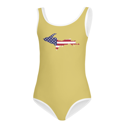 Michigan Upper Peninsula Toddler Swimsuit (w/ UP USA Flag) | Plum Yellow