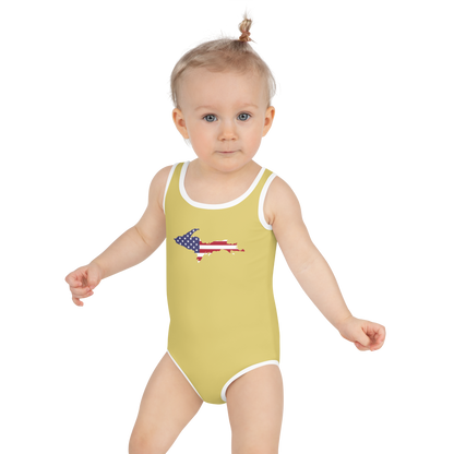 Michigan Upper Peninsula Toddler Swimsuit (w/ UP USA Flag) | Plum Yellow