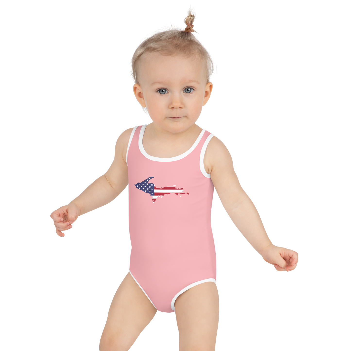 Michigan Upper Peninsula Toddler Swimsuit (w/ UP USA Flag) | Strawberry Pink