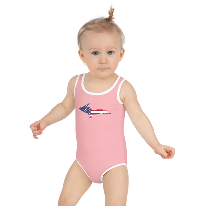 Michigan Upper Peninsula Toddler Swimsuit (w/ UP USA Flag) | Strawberry Pink