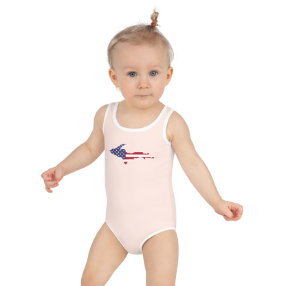 Michigan Upper Peninsula Toddler Swimsuit (w/ UP USA Flag) | Champagne Pink