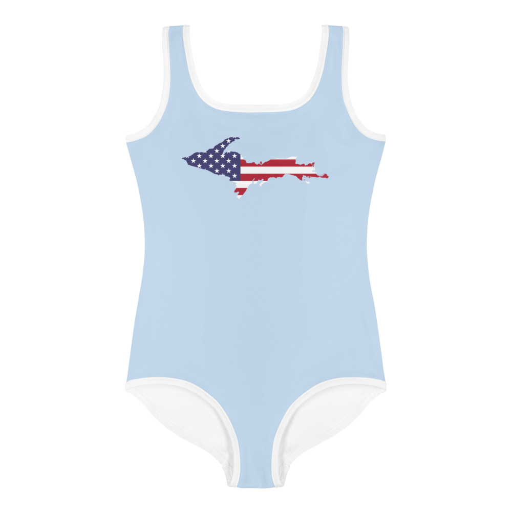 Michigan Upper Peninsula Toddler Swimsuit (w/ UP USA Flag) | Light Blue