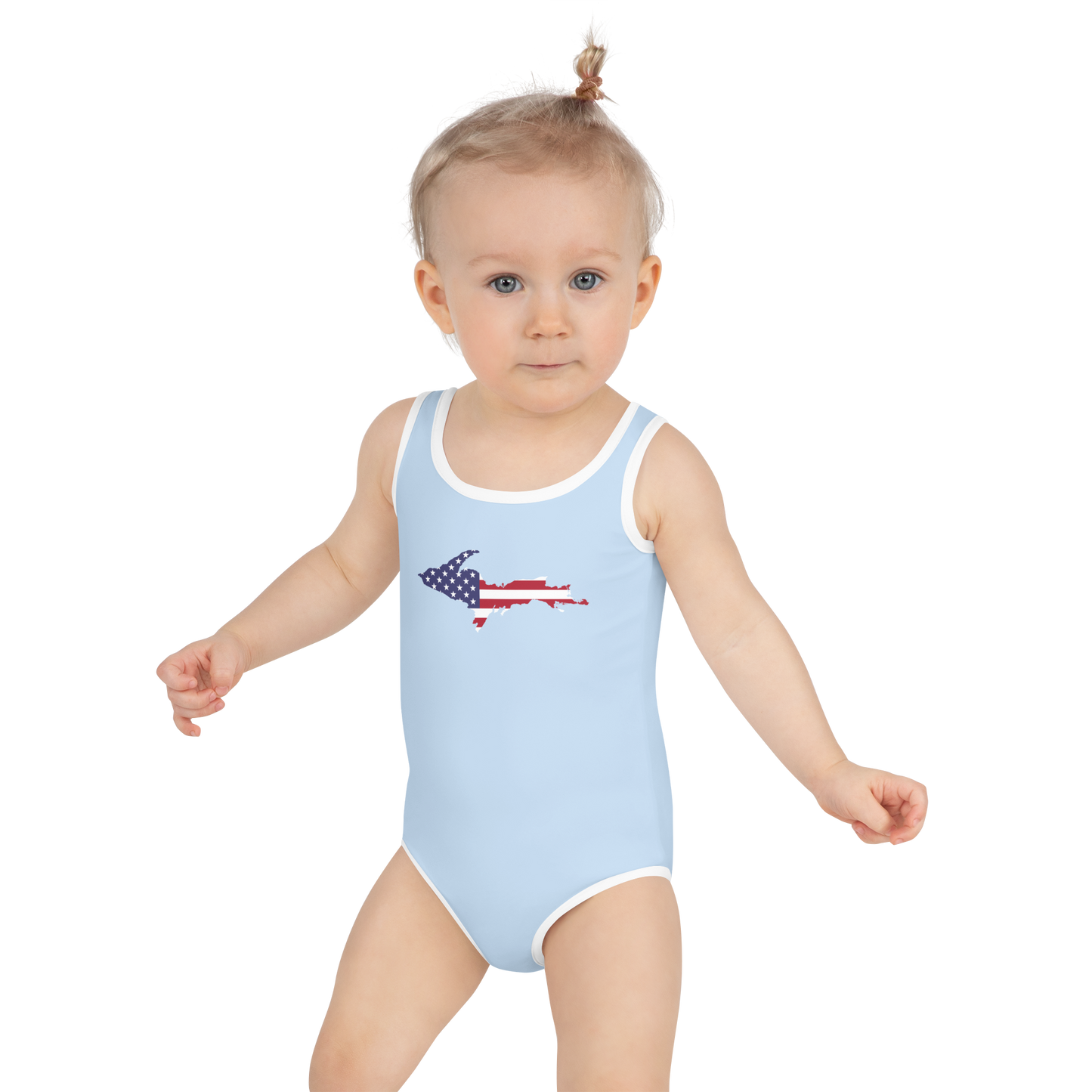 Michigan Upper Peninsula Toddler Swimsuit (w/ UP USA Flag) | Light Blue