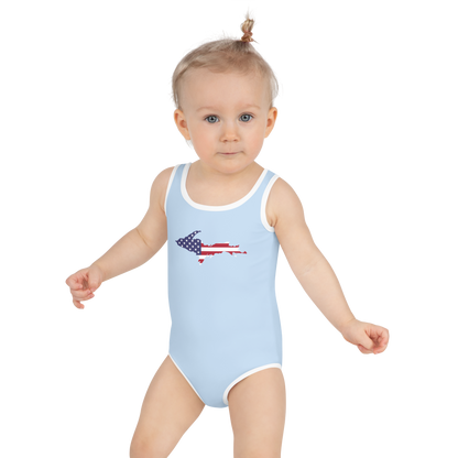 Michigan Upper Peninsula Toddler Swimsuit (w/ UP USA Flag) | Light Blue