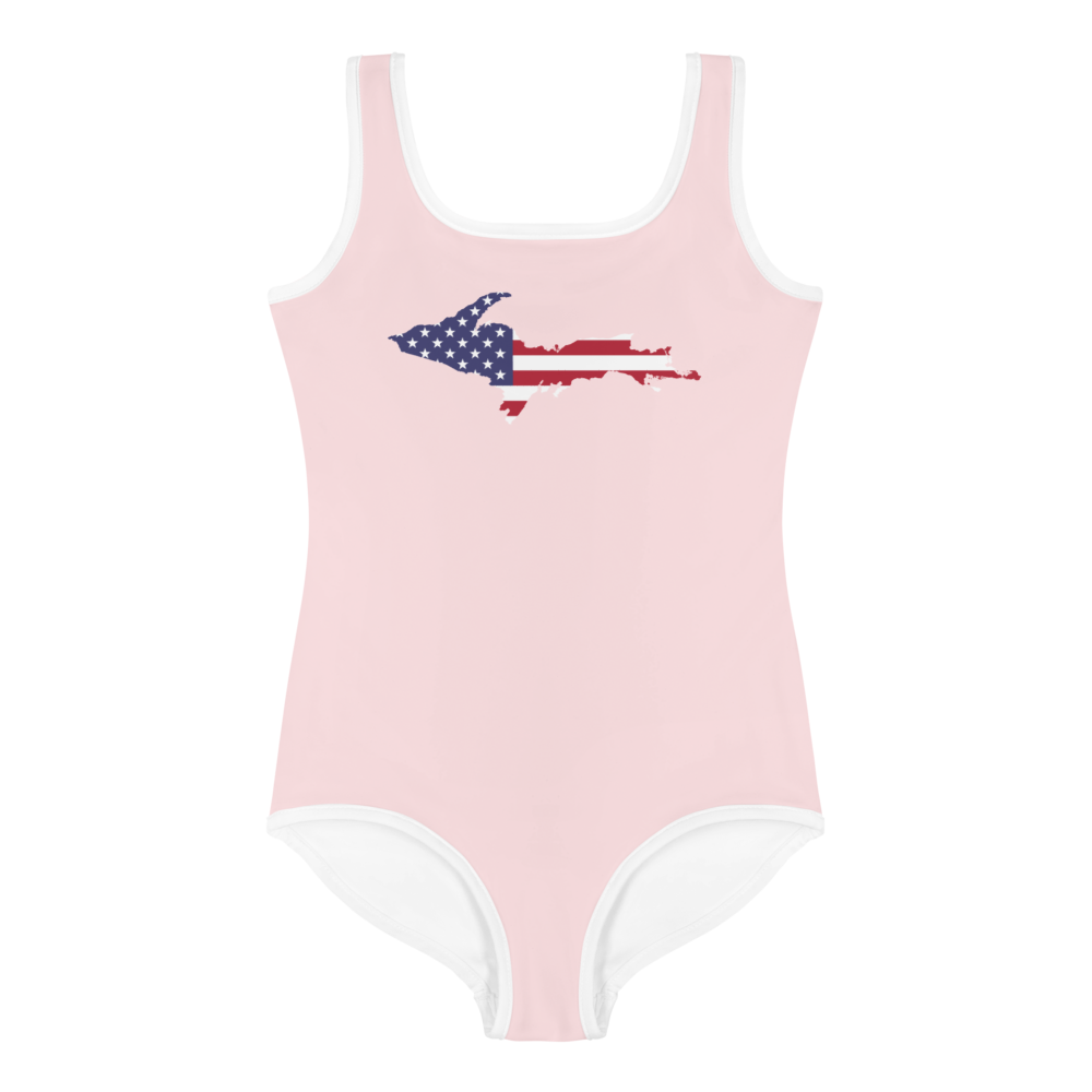 Michigan Upper Peninsula Toddler Swimsuit (w/ UP USA Flag) | Pale Pink