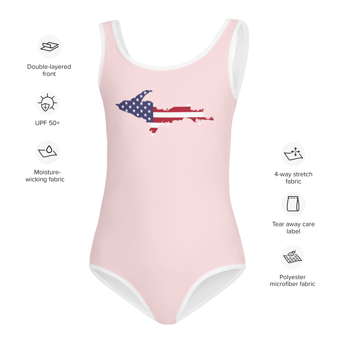 Michigan Upper Peninsula Toddler Swimsuit (w/ UP USA Flag) | Pale Pink