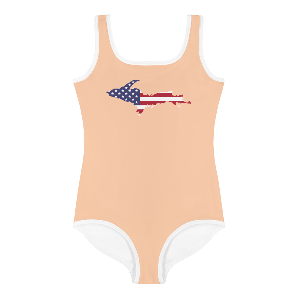 Michigan Upper Peninsula Toddler Swimsuit (w/ UP USA Flag) | Peach