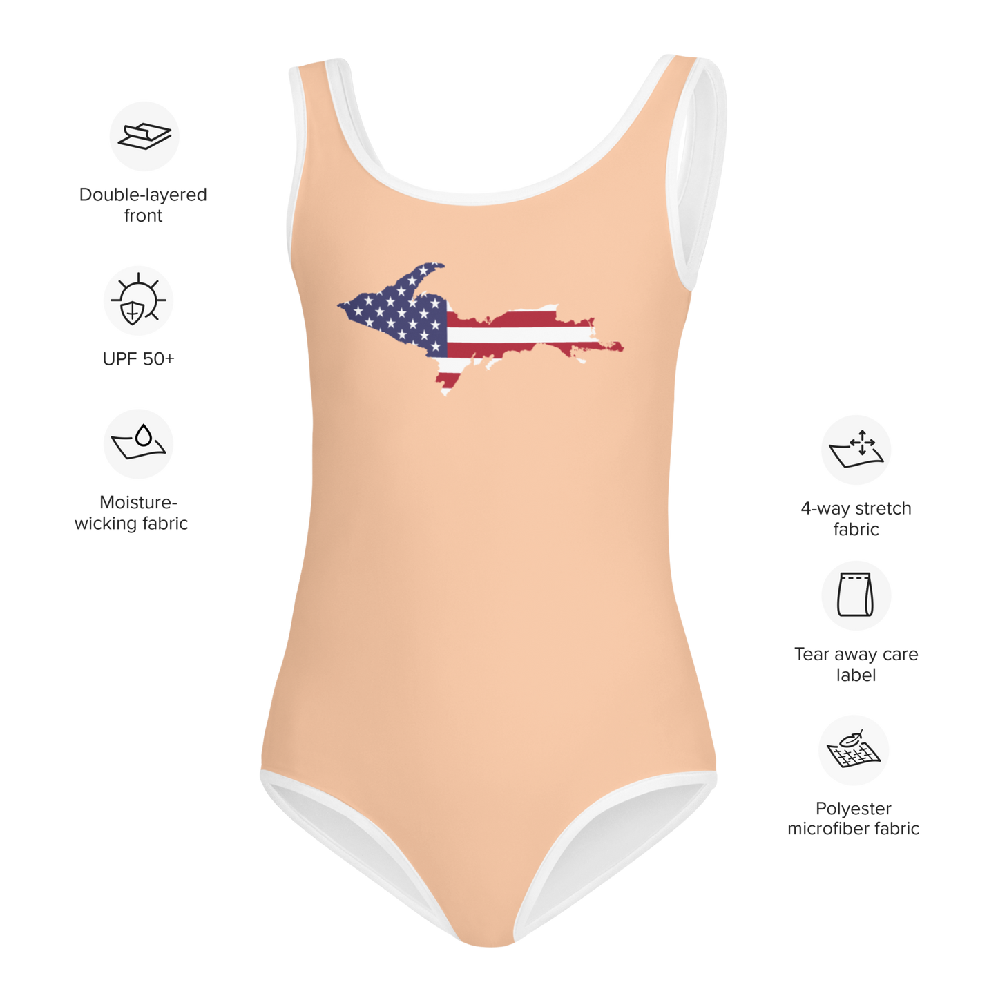 Michigan Upper Peninsula Toddler Swimsuit (w/ UP USA Flag) | Peach