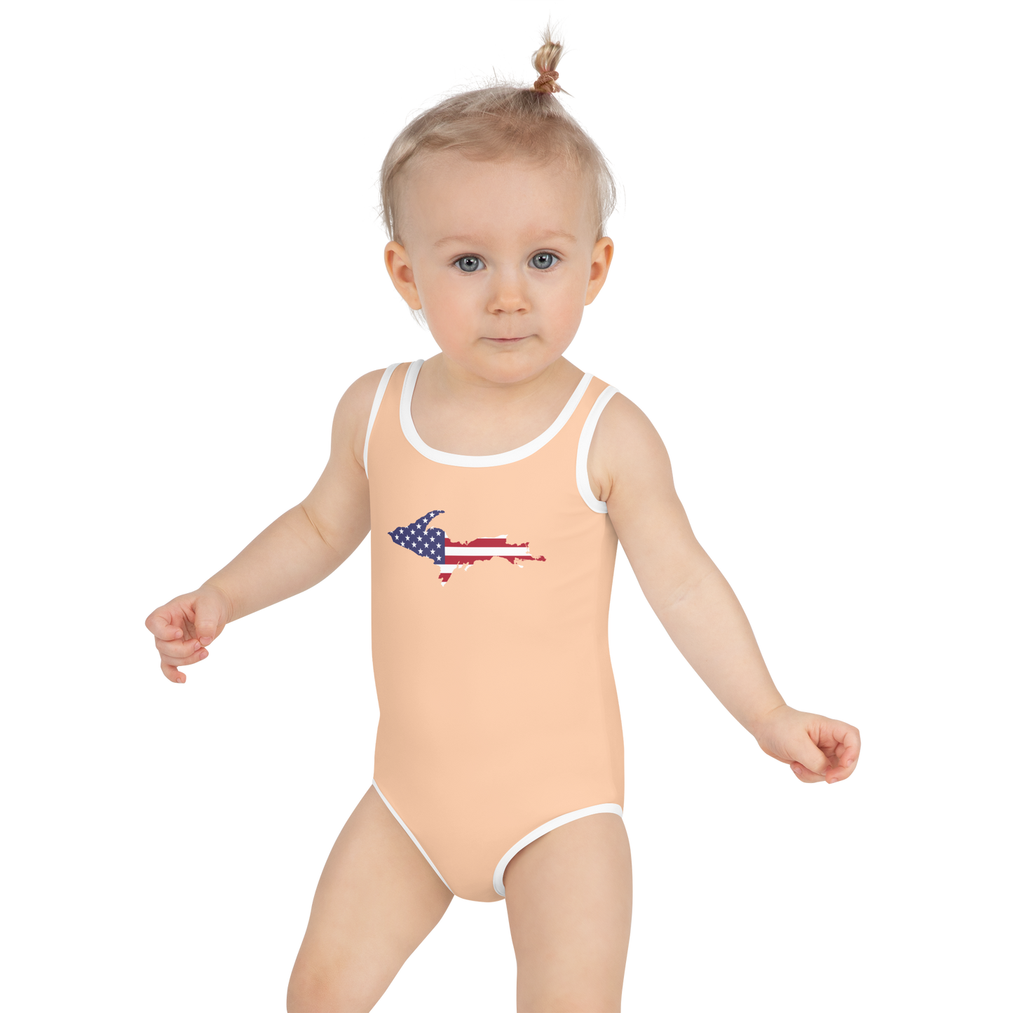 Michigan Upper Peninsula Toddler Swimsuit (w/ UP USA Flag) | Peach