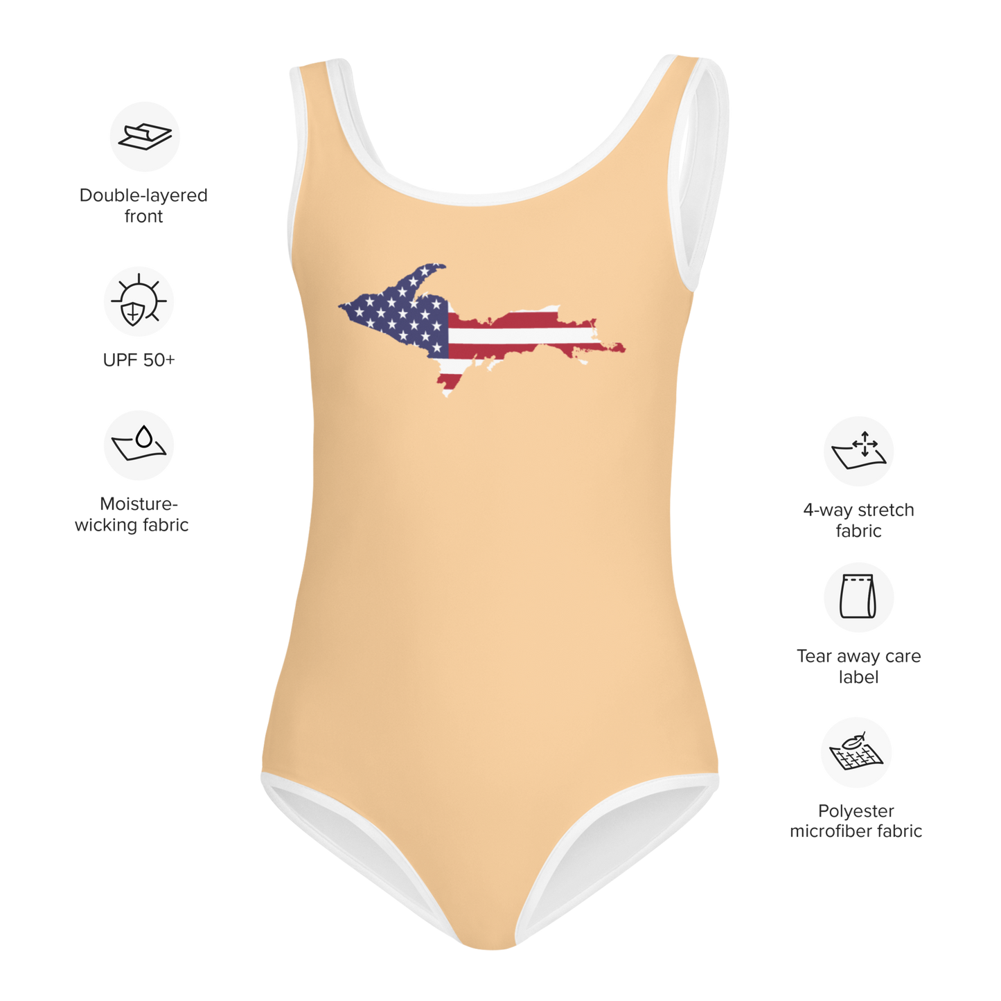 Michigan Upper Peninsula Toddler Swimsuit (w/ UP USA Flag) | Pale Apricot