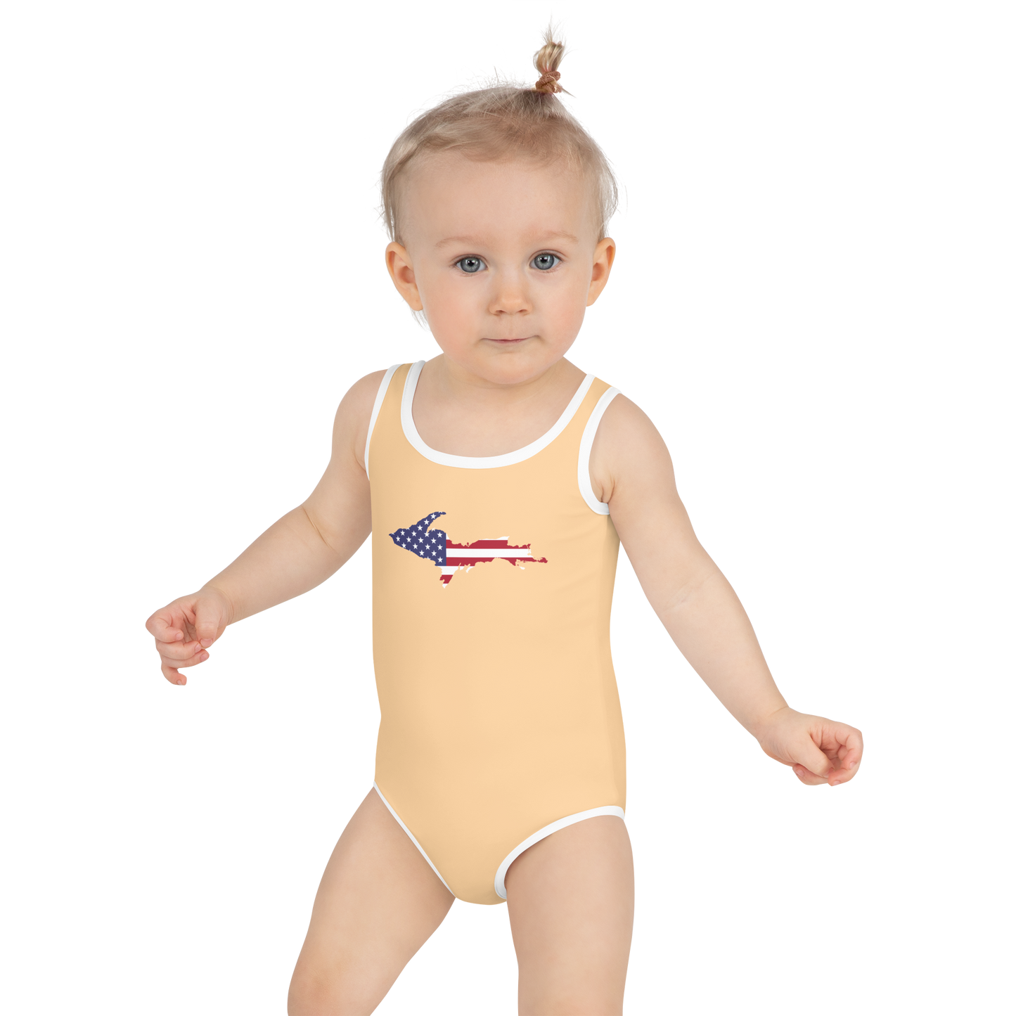 Michigan Upper Peninsula Toddler Swimsuit (w/ UP USA Flag) | Pale Apricot