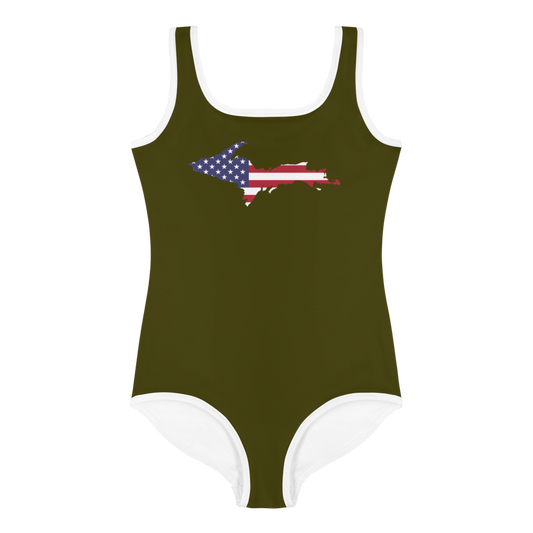 Michigan Upper Peninsula Toddler Swimsuit (w/ UP USA Flag) | Military Green