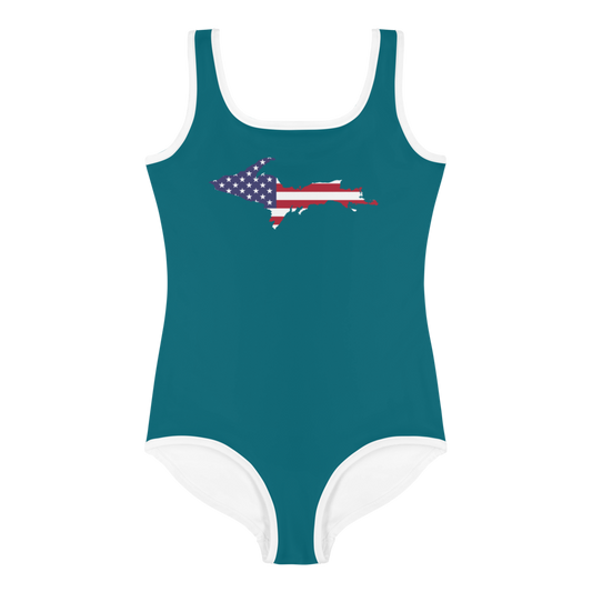 Michigan Upper Peninsula Toddler Swimsuit (w/ UP USA Flag) | Auburn Hills Teal