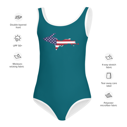 Michigan Upper Peninsula Toddler Swimsuit (w/ UP USA Flag) | Auburn Hills Teal