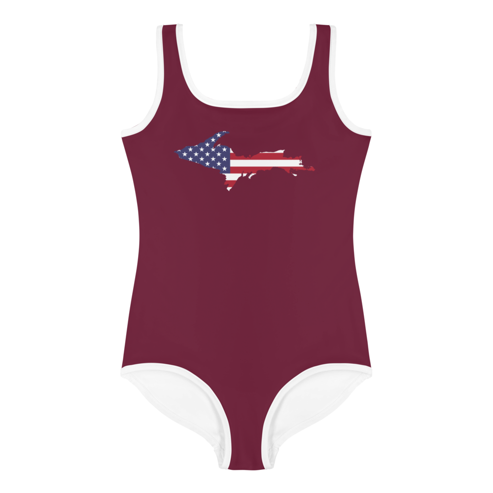 Michigan Upper Peninsula Toddler Swimsuit (w/ UP USA Flag) | Old Mission Burgundy