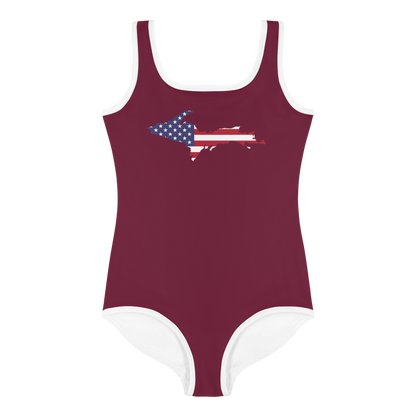 Michigan Upper Peninsula Toddler Swimsuit (w/ UP USA Flag) | Old Mission Burgundy