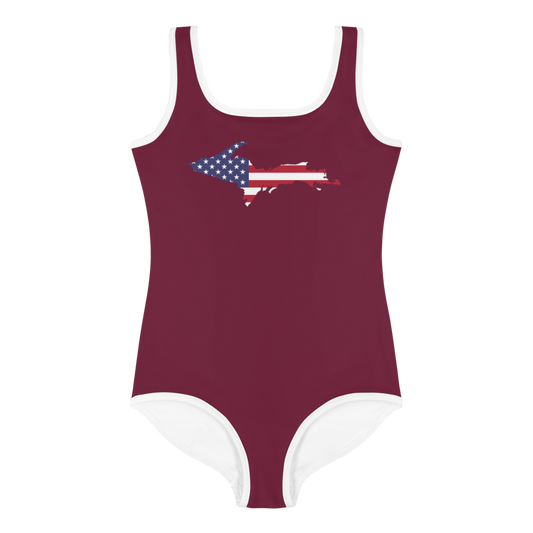 Michigan Upper Peninsula Toddler Swimsuit (w/ UP USA Flag) | Old Mission Burgundy