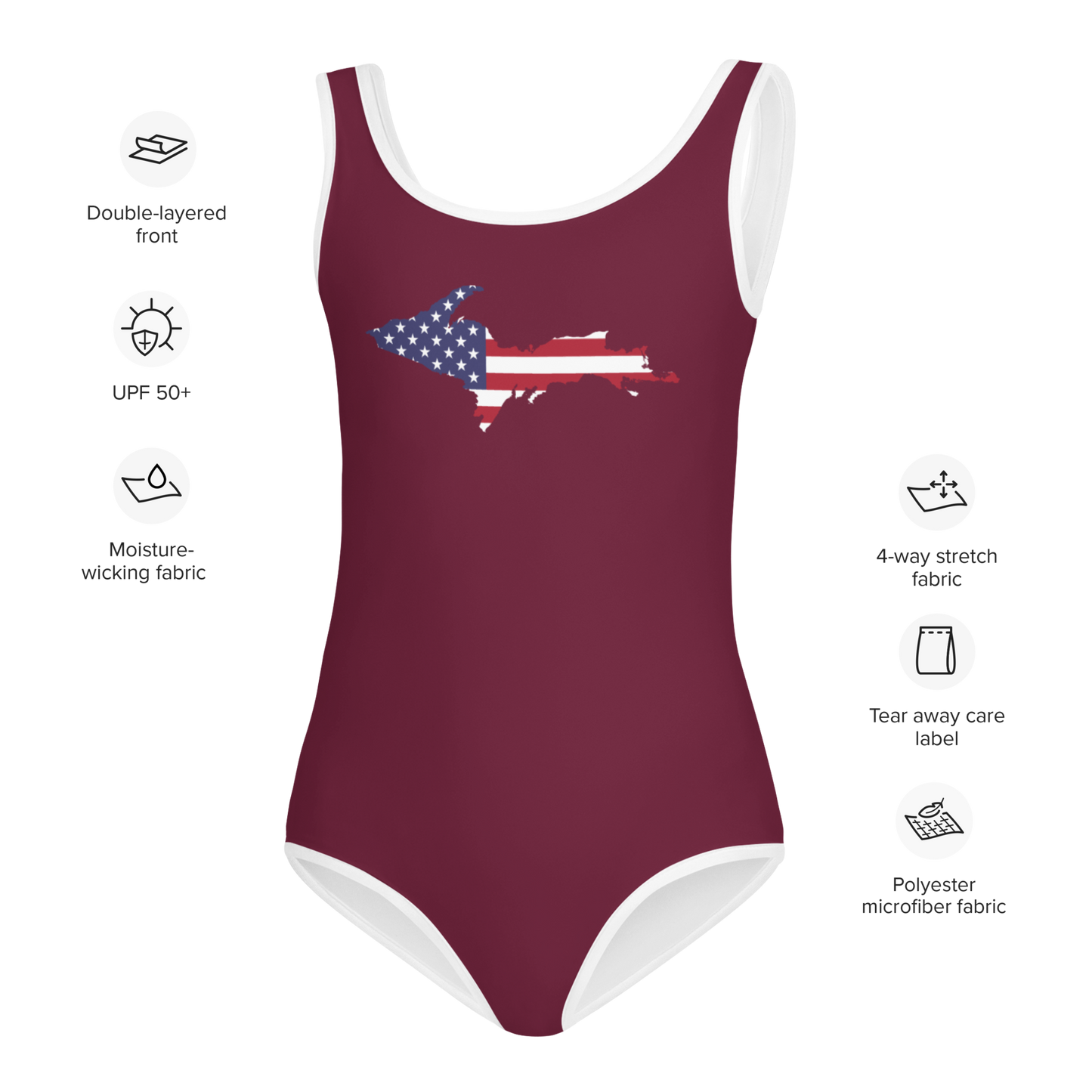 Michigan Upper Peninsula Toddler Swimsuit (w/ UP USA Flag) | Old Mission Burgundy