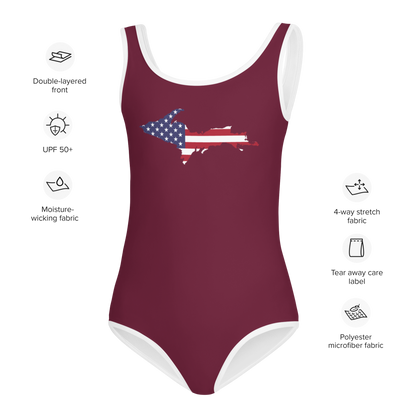 Michigan Upper Peninsula Toddler Swimsuit (w/ UP USA Flag) | Old Mission Burgundy