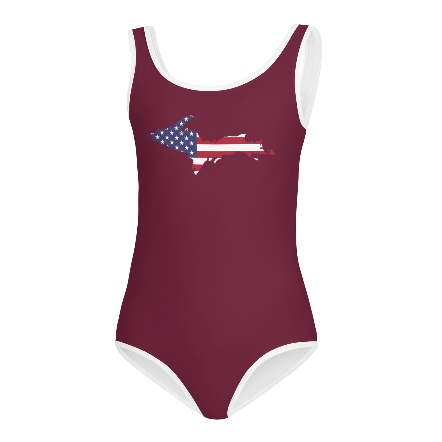 Michigan Upper Peninsula Toddler Swimsuit (w/ UP USA Flag) | Old Mission Burgundy