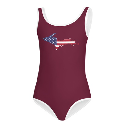 Michigan Upper Peninsula Toddler Swimsuit (w/ UP USA Flag) | Old Mission Burgundy