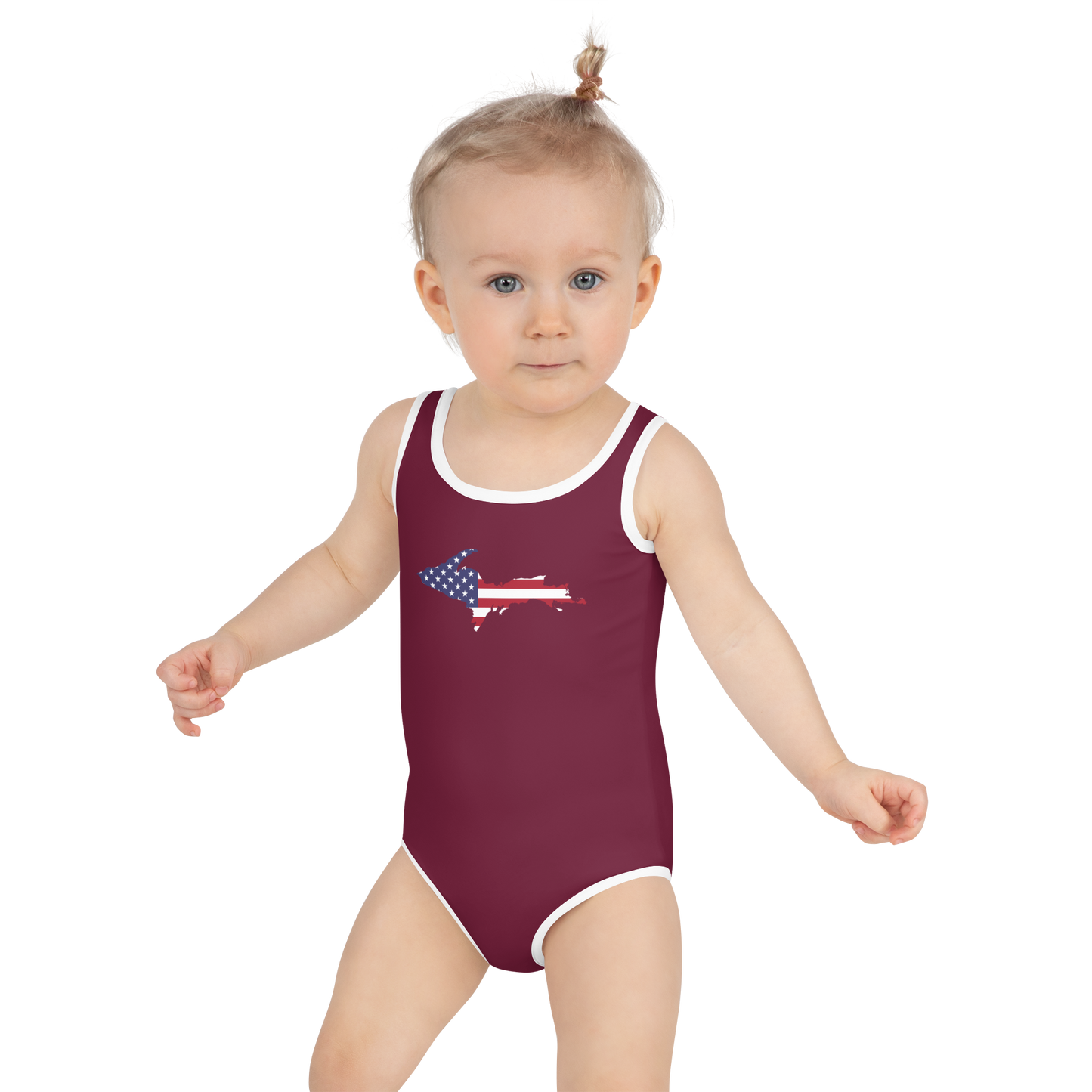 Michigan Upper Peninsula Toddler Swimsuit (w/ UP USA Flag) | Old Mission Burgundy