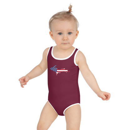 Michigan Upper Peninsula Toddler Swimsuit (w/ UP USA Flag) | Old Mission Burgundy