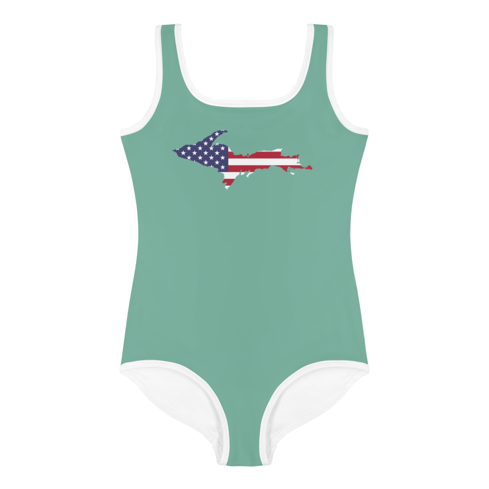 Michigan Upper Peninsula Toddler Swimsuit (w/ UP USA Flag) | Metallic Mint Green