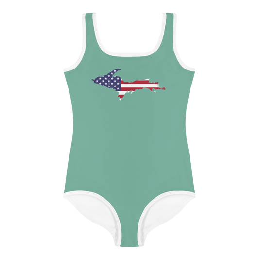 Michigan Upper Peninsula Toddler Swimsuit (w/ UP USA Flag) | Metallic Mint Green