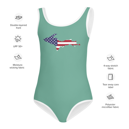 Michigan Upper Peninsula Toddler Swimsuit (w/ UP USA Flag) | Metallic Mint Green