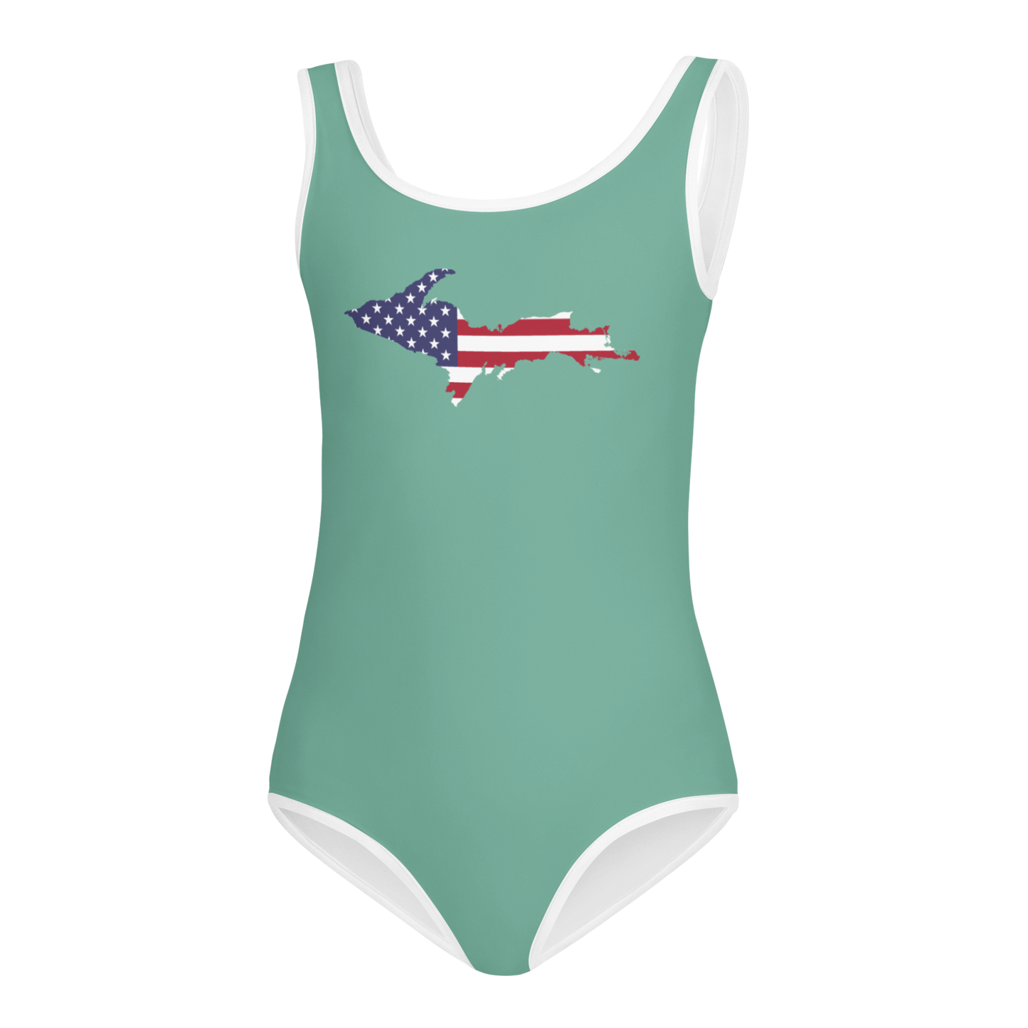 Michigan Upper Peninsula Toddler Swimsuit (w/ UP USA Flag) | Metallic Mint Green