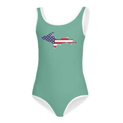 Michigan Upper Peninsula Toddler Swimsuit (w/ UP USA Flag) | Metallic Mint Green