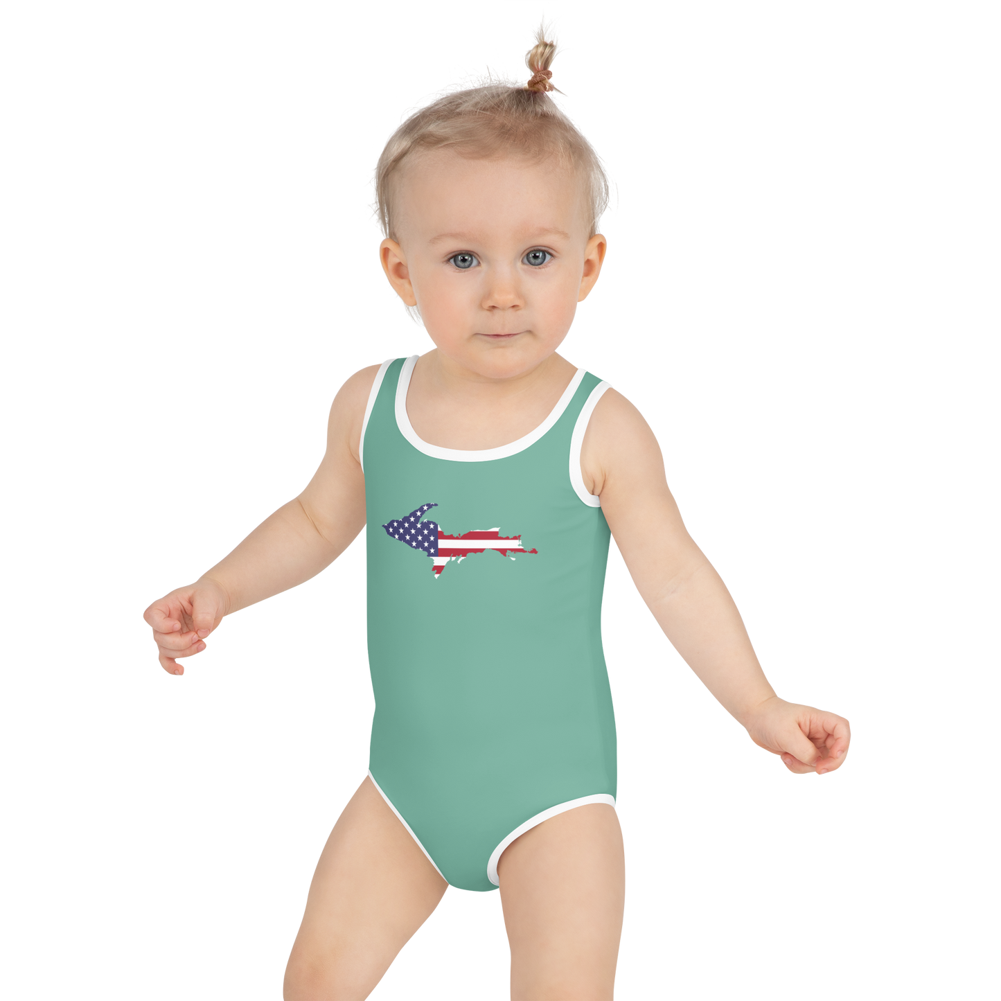 Michigan Upper Peninsula Toddler Swimsuit (w/ UP USA Flag) | Metallic Mint Green