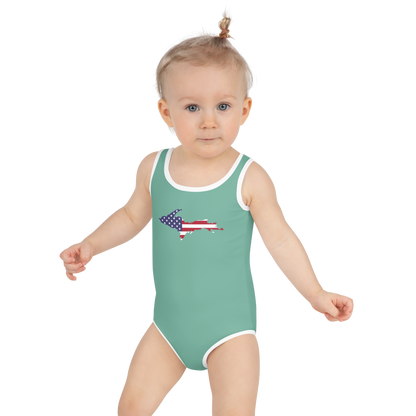 Michigan Upper Peninsula Toddler Swimsuit (w/ UP USA Flag) | Metallic Mint Green