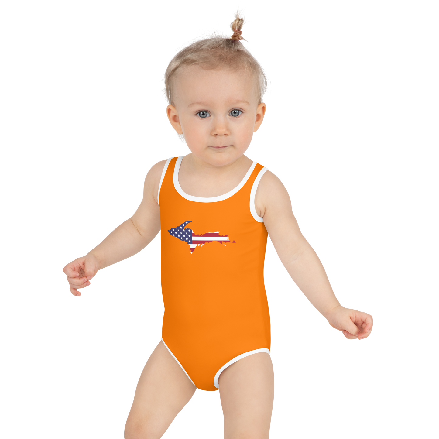 Michigan Upper Peninsula Toddler Swimsuit (w/ UP USA Flag) | Safety Orange