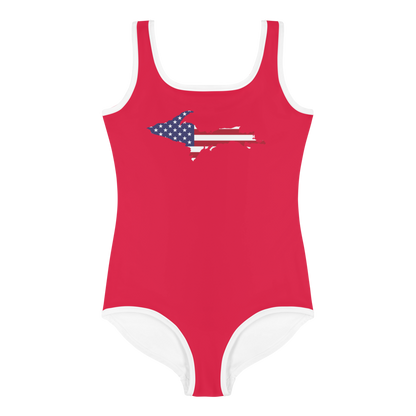 Michigan Upper Peninsula Toddler Swimsuit (w/ UP USA Flag) | Lighthouse Red