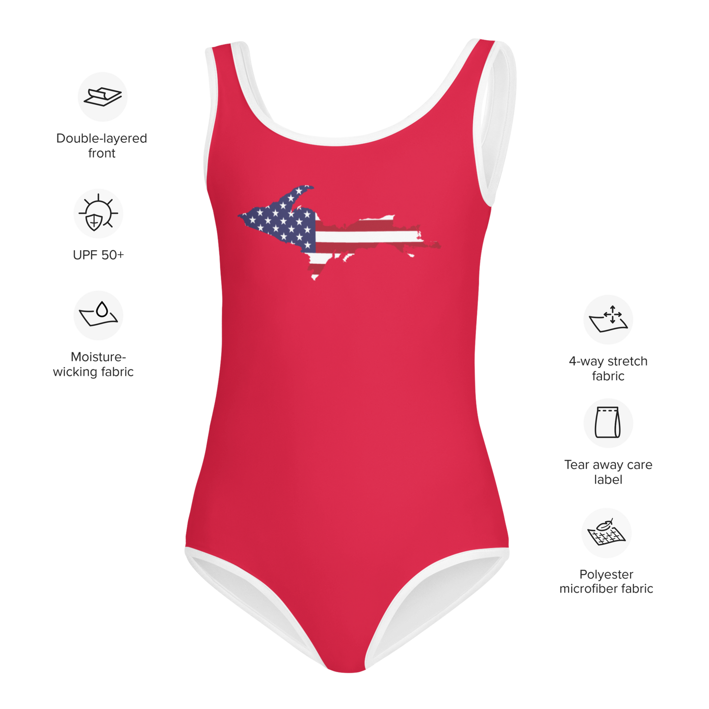 Michigan Upper Peninsula Toddler Swimsuit (w/ UP USA Flag) | Lighthouse Red