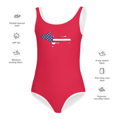 Michigan Upper Peninsula Toddler Swimsuit (w/ UP USA Flag) | Lighthouse Red