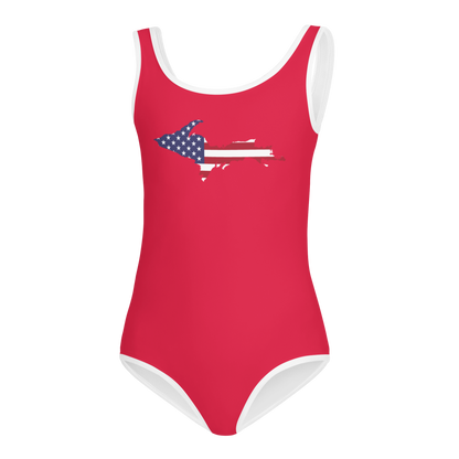 Michigan Upper Peninsula Toddler Swimsuit (w/ UP USA Flag) | Lighthouse Red